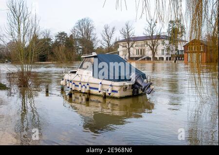 Cookham, Berkshire, Regno Unito. 2 febbraio 2021. Alti livelli d'acqua vicino a Cookham Bridge oggi. Un allerta alluvione è in atto a Cookham come il Tamigi ha scoppiato le sue banche. La strada B4447 attraverso Cookham Moor è stata chiusa perché è allagata. L'Agenzia per l'ambiente era oggi a disposizione per l'estrazione di scarichi. Credit: Maureen McLean/Alamy Live News Foto Stock