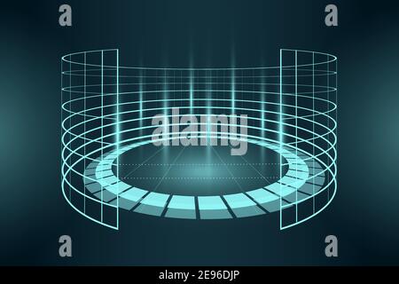 Futuristica arena di realtà virtuale con luce neon blu. Astratto cerchio sci-fi elementi portale cyberspazio. Podio della piattaforma del cilindro VR. Piedistallo digitale Teleport. Illustrazione eps vettoriale modello supporto base Illustrazione Vettoriale