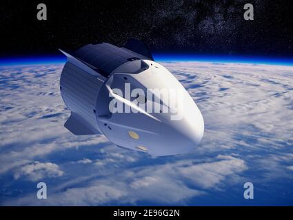 Commercial Crew Spacecraft orbitante Blue Planet Earth. Foto Stock