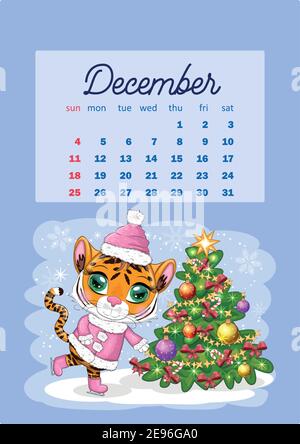 Calendario 2022 con carini animali di cartone per ogni mese. Tigre, leopardo di neve, panda rosso, gatto, ippopotamo, gufo, leone, lepre, volpe, criceto, mucca. Verticale ca Illustrazione Vettoriale