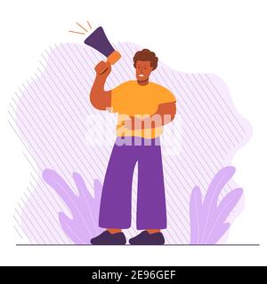 L'uomo afroamericano tiene un altoparlante. L'uomo nero protestava per i loro diritti. Illustrazione Vettoriale