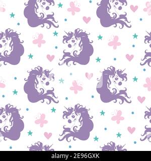 Modello senza cuciture con teste di unicorni e cuori isolati su sfondo bianco. Illustrazione vettoriale per partito, stampa, acquazzone del bambino, carta da parati, disegno, Illustrazione Vettoriale