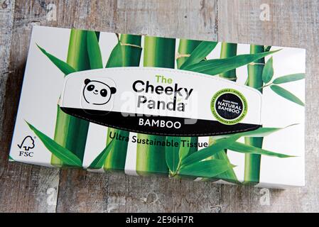 Scatola del tessuto o dei tessuti di Panda cheeky bambù naturale ultra sostenibile su sfondo di legno reclessato Foto Stock