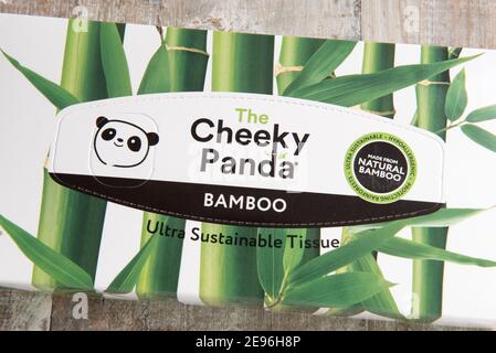 Scatola del tessuto o dei tessuti di Panda cheeky bambù naturale ultra sostenibile su sfondo di legno reclessato Foto Stock