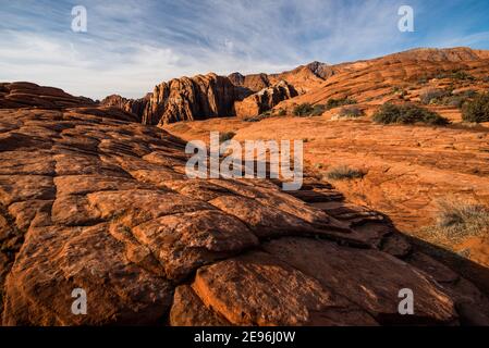 Le texture e i modelli delle dune di sabbia pietrificate nello Snow Canyon state Park, Utah, USA. È conosciuta per le sue dune di sabbia pietrificata e le formazioni rocciose. Foto Stock