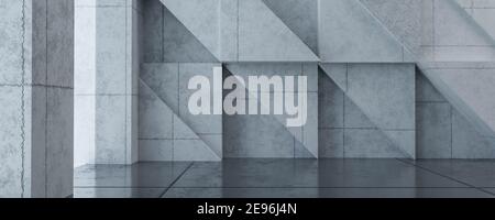 elegante e moderno loft luminoso grande soggiorno con parete in cemento illustrazione del rendering 3d futuristico in stile industriale Foto Stock