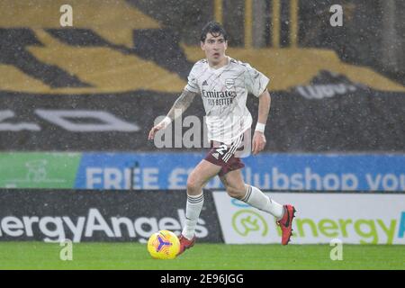Wolverhampton, Regno Unito. 02 febbraio 2021. Hector Bellerin 2 of Arsenal corre con la palla a Wolverhampton, Regno Unito, il 2/2/2021. (Foto di Simon Whitehead/News Images/Sipa USA) Credit: Sipa USA/Alamy Live News Foto Stock