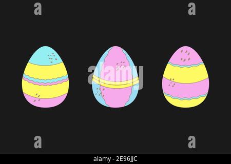 Uova di Pasqua icone. Set decorativo colorato per carte creative, inviti, volantini, poster. Dorso grigio scuro Illustrazione Vettoriale