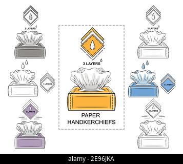 Set di icone per scatole di fazzoletti monouso in carta. Tovaglioli igienici per naso che cola. Aprire la confezione con i panni. Pulizia di salviette per la pelle del viso. Vettore Illustrazione Vettoriale