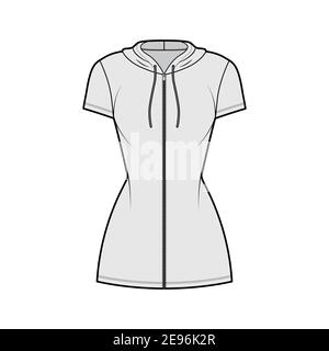 Abito con zip-up con cappuccio illustrazione tecnica di moda a maniche corte, lunghezza mini, corpo aderente, matita pienezza. Mascherina di abbigliamento piatta anteriore, colore grigio. Donne, uomini, unisex CAD mockup Illustrazione Vettoriale