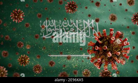 Regno dell'Arabia Saudita bandiera che sventola con l'epidemia di Coronavirus infettando il sistema respiratorio come influenza pericolosa. Virus di tipo influenzale Covid 19 con nazionale Foto Stock