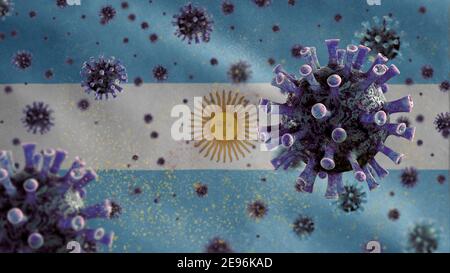 Bandiera argentina sventata e Coronavirus 2019 nCov Concept. Focolaio asiatico in Argentina, coronavirus influenza come casi di ceppo influenzale pericoloso come una padella Foto Stock