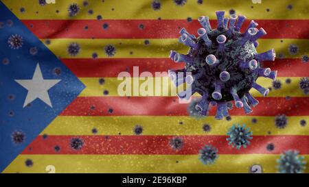 Catalonia indipendente bandiera ondulazione e Coronavirus 2019 nCov concetto. Epidemia asiatica in catalano estelada, coronavirus influenza come pericolosa stra influenzale Foto Stock
