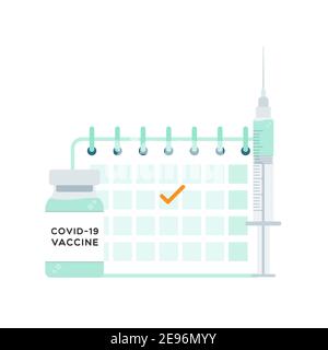 Tempo di vaccinare. Vaccino del coronavirus. Flacone, siringa e calendario. Per la prevenzione e l'immunizzazione da Covid-19. Illustrazione vettoriale, piatta de Illustrazione Vettoriale