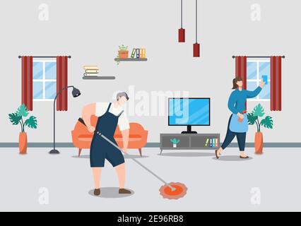 Concetto di servizio di pulizia. Modello di illustrazione del cartone di disegno piatto vettoriale Illustrazione Vettoriale