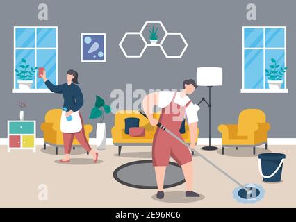 Concetto di servizio di pulizia. Modello di illustrazione del cartone di disegno piatto vettoriale Illustrazione Vettoriale