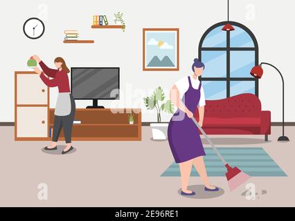 Concetto di servizio di pulizia. Modello di illustrazione del cartone di disegno piatto vettoriale Illustrazione Vettoriale