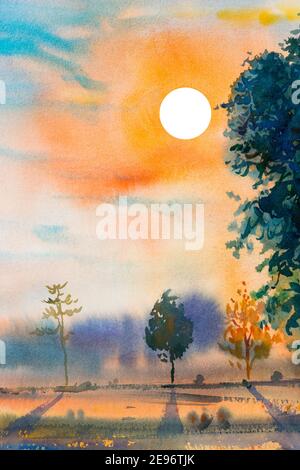 Acquerello pittura paesaggio originale colorato di campo di riso con grande albero al tramonto e emozione in cielo sfondo Foto Stock