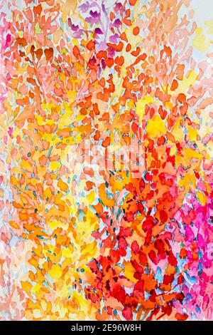 Astratto acquerello dipinto originale mazzo colorato di fiori astratti su sfondo blu. Foto Stock