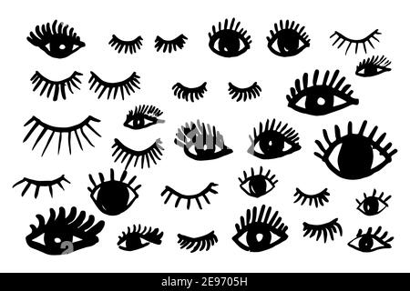 Set di occhi e ciglia disegnati a mano. Elementi di design sporchi. Illustrazione vettoriale Illustrazione Vettoriale