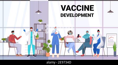 medici in maschere vaccinando pazienti di razza mix a combattere contro concetto di sviluppo del vaccino del coronavirus illustrazione vettoriale orizzontale a lunghezza intera Illustrazione Vettoriale