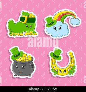 Set di adesivi colorati per bambini. Giorno di San Patrizio. Simpatici personaggi cartoni animati. Illustrazione vettoriale isolata su sfondo a colori. Illustrazione Vettoriale