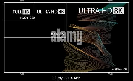 Video in bianco, nero e oro o icone di risoluzione dello schermo. Impostare da 1080p a 8k. 8K UHD è la risoluzione più elevata definita nello standard Rec. 2020. Illustrazione Vettoriale