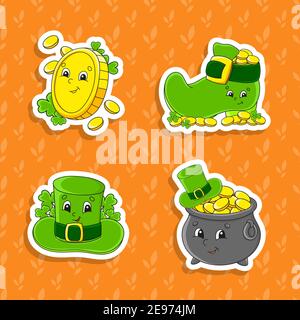 Set di adesivi colorati per bambini. Giorno di San Patrizio. Simpatici personaggi cartoni animati. Illustrazione vettoriale isolata su sfondo a colori. Illustrazione Vettoriale