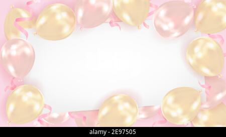 Sfondo da palloncini d'aria rosa e oro realistici con un foglio di carta vuoto. Illustrazione vettoriale per la celebrazione del compleanno, giorno di San Valentino Illustrazione Vettoriale