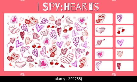 Gioco spia. Divertimento educativo per i bambini. Contare quanti elementi. Doodle cuori con schiusa, frecce e ali. Festa di San Valentino. Modello vettore Illustrazione Vettoriale