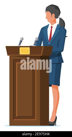 Orator che parla da tribune. Altoparlante pubblico. Rostro in legno con microfoni per la presentazione. Stand, podio per conferenze, conferenze dibattiti. Politiche e scrutinio. Illustrazione vettoriale piatta Illustrazione Vettoriale
