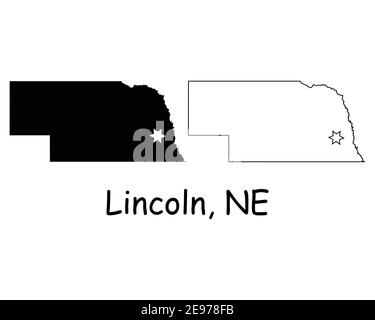 Mappa dello stato del Nebraska, Nebraska, Nebraska, Stati Uniti con la Capital City Star a Lincoln. Silhouette nera e profilo isolato su sfondo bianco. Vettore EPS Illustrazione Vettoriale