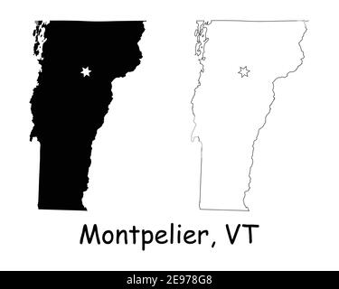 Vermont VT state Map USA con Capital City Star a Montpelier. Silhouette nera e mappe isolate su sfondo bianco. Vettore EPS Illustrazione Vettoriale