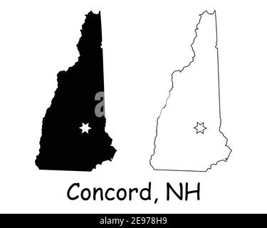 New Hampshire NH state Map USA con Capital City Star a Concord. Silhouette nera e profilo isolato su sfondo bianco. Vettore EPS Illustrazione Vettoriale