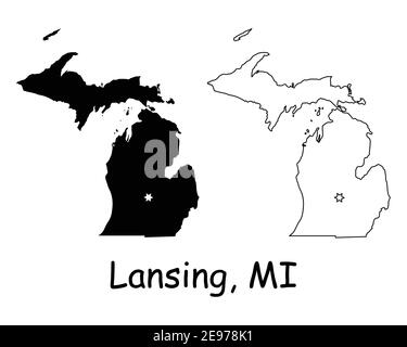 Michigan MI state Map USA con Capital City Star a Lansing. Silhouette nera e profilo isolato su sfondo bianco. Vettore EPS Illustrazione Vettoriale