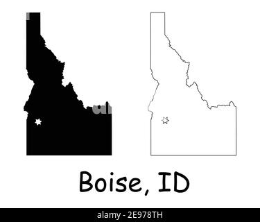 Idaho ID state Map USA con Capital City Star a Boise. Silhouette nera e profilo isolato su sfondo bianco. Vettore EPS Illustrazione Vettoriale