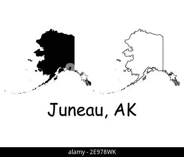 Juneau Alaska AK mappa di stato USA con la stella capitale. Silhouette nera e mappe isolate su sfondo bianco. Vettore EPS Illustrazione Vettoriale