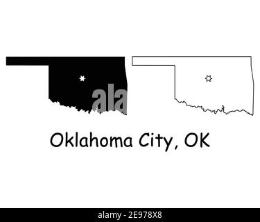 Oklahoma OK state Map USA con Capital City Star a Oklahoma City. Silhouette nera e profilo isolato su sfondo bianco. Vettore EPS Illustrazione Vettoriale