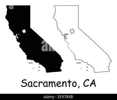 California California California California California California California California California California California California California, USA con Capital City Star a Sacramento. Silhouette nera e mappe isolate su sfondo bianco. Vettore EPS Illustrazione Vettoriale