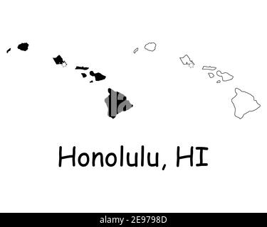 Hawaii HI state Maps USA con la capitale City Star a Honolulu. Silhouette nera e profilo isolato su sfondo bianco. Vettore EPS Illustrazione Vettoriale