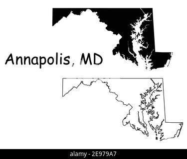 Maryland MD state Map USA con Capital City Star ad Annapolis. Silhouette nera e profilo isolato su sfondo bianco. Vettore EPS Illustrazione Vettoriale