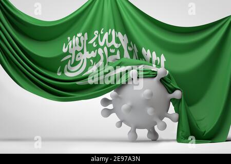 La bandiera dell'Arabia Saudita era avvolta su una molecola di malattia del virus Covid. Rendering 3D Foto Stock