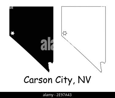 Nevada NV state Map USA con Capital City Star a Carson City. Silhouette nera e profilo isolato su sfondo bianco. Vettore EPS Illustrazione Vettoriale