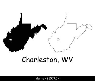 West Virginia WV state Map USA con Capital City Star a Charleston. Silhouette nera e mappe isolate su sfondo bianco. Vettore EPS Illustrazione Vettoriale