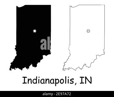 Indiana IN mappe di stato USA con la capitale City Star a Indianapolis. Silhouette nera e profilo isolato su sfondo bianco. Vettore EPS Illustrazione Vettoriale