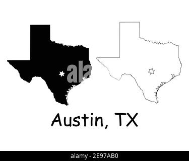 Texas Texas Texas Texas Texas Texas Texas Texas Texas state Map USA con Capital City Star ad Austin. Silhouette nera e mappe isolate su sfondo bianco. Vettore EPS Illustrazione Vettoriale