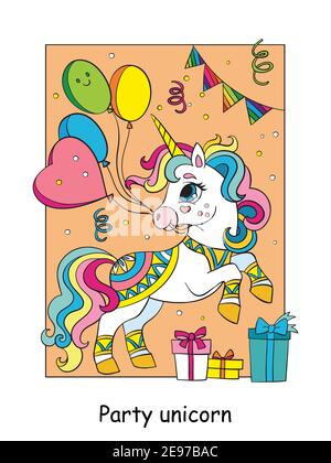 Simpatico unicorn festa con palloncini e regali. Cartoon vettoriale illustrazione colorata isolato su sfondo bianco. Per il modello di libro da colorare, stampa, g Illustrazione Vettoriale