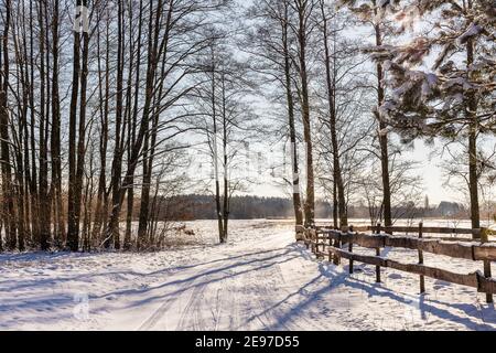 Recinzione in legno in un paesaggio rurale invernale. Strada di campagna invernale. Febbraio polacco a Mazovia. Viaggio in Europa. Alberi tra campi innevati. Foto Stock