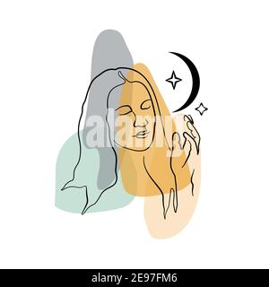 Disegno a linea singola di donna che tiene la luna e le stelle dentro mano sullo sfondo neutro geometrico astratto Illustrazione Vettoriale