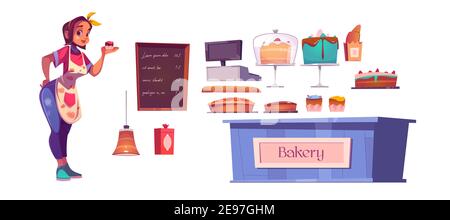 Interno chef donna e panificio con bancone, torte, cashbox e menu lavagna. Cartone animato vettoriale di panettiere ragazza, pane fresco, pasticceria e torte isolato su sfondo bianco Illustrazione Vettoriale